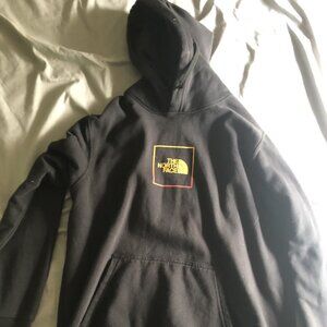 The North Face Hoodie Black Yellow Orange Gradient Chest Sleeve Logos Size L